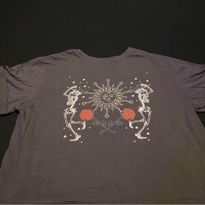 Graphic Tee with Skeleton and Sun Design